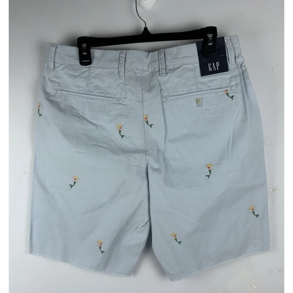 Gap 32 x 10” Light BLue Mermaid All Over Raw Hem Casual Chino Shorts